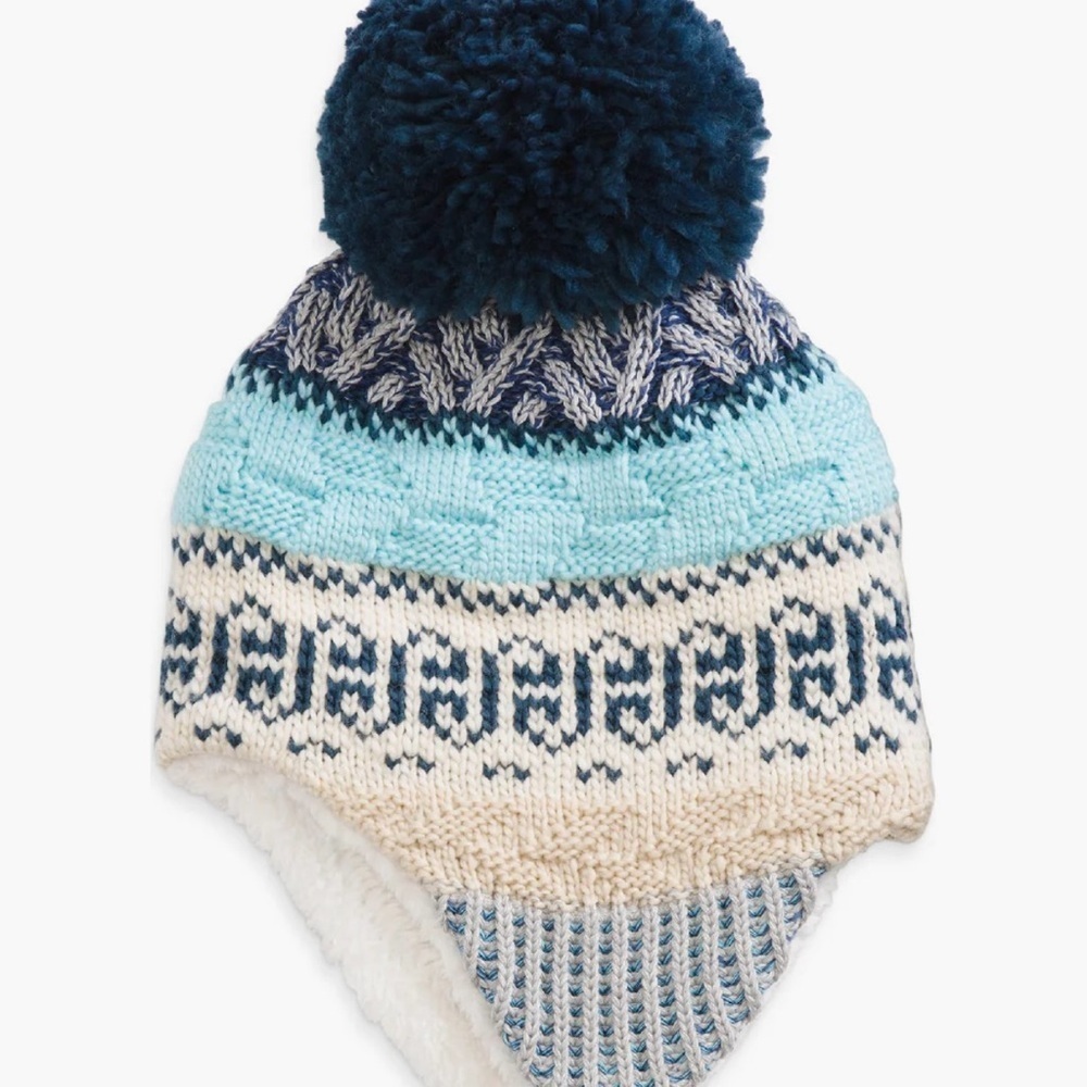 The North Face Blue and Cream Kids Pom-Pom Hat